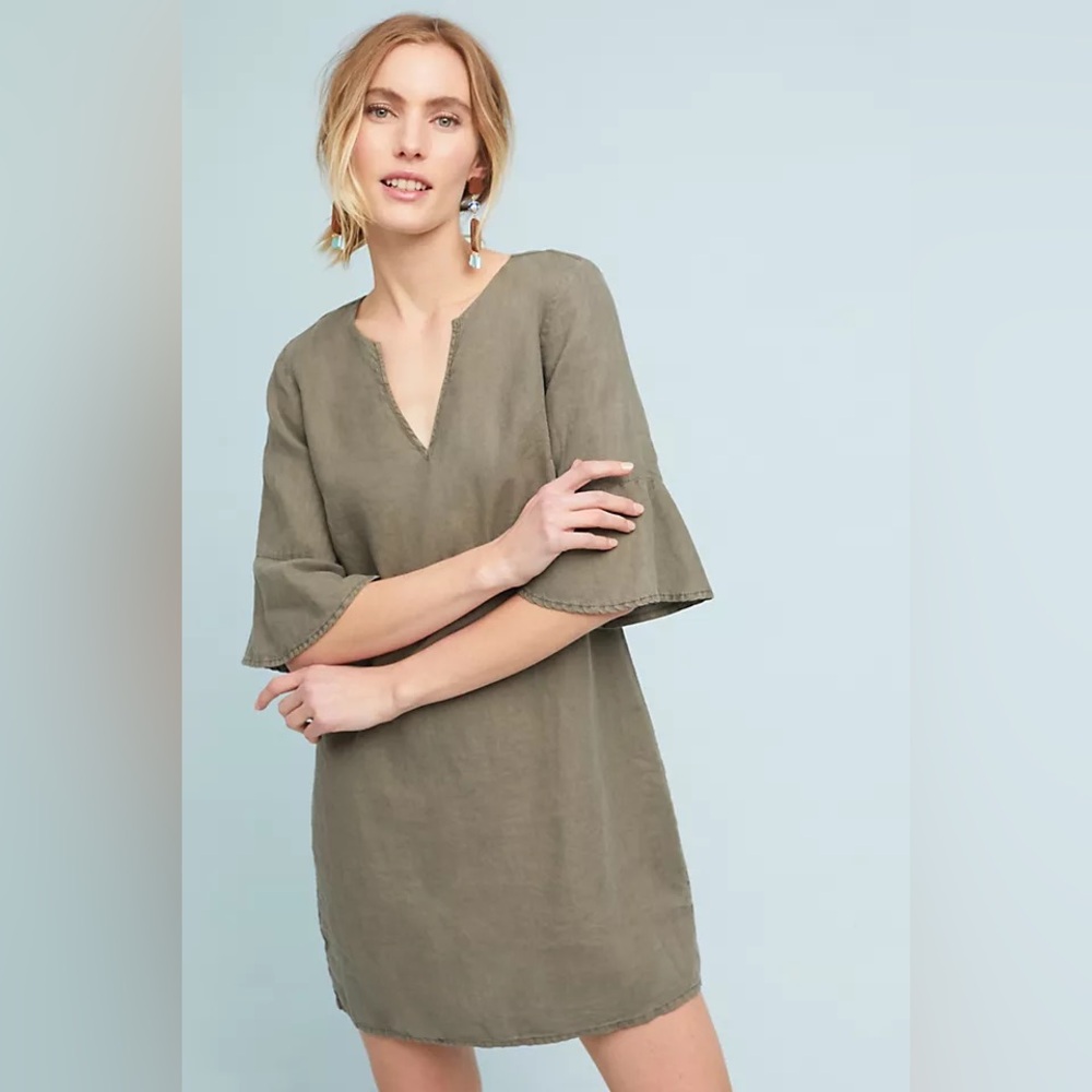 Michael Stars Olive green 100% Linen Flutter Sleeved Mini Shift Sheath Dress L